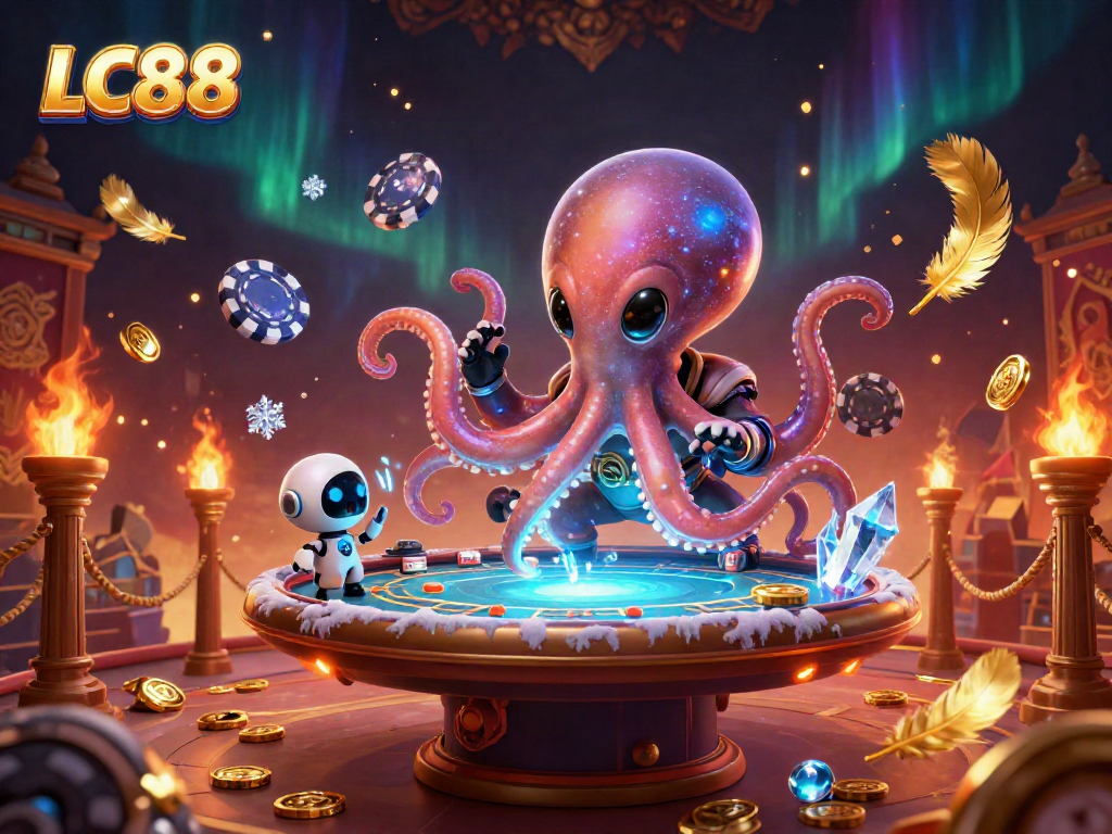 Experience exciting gameplay with the LC88 alien octopus at a holographic poker table surrounded by cosmic elements.