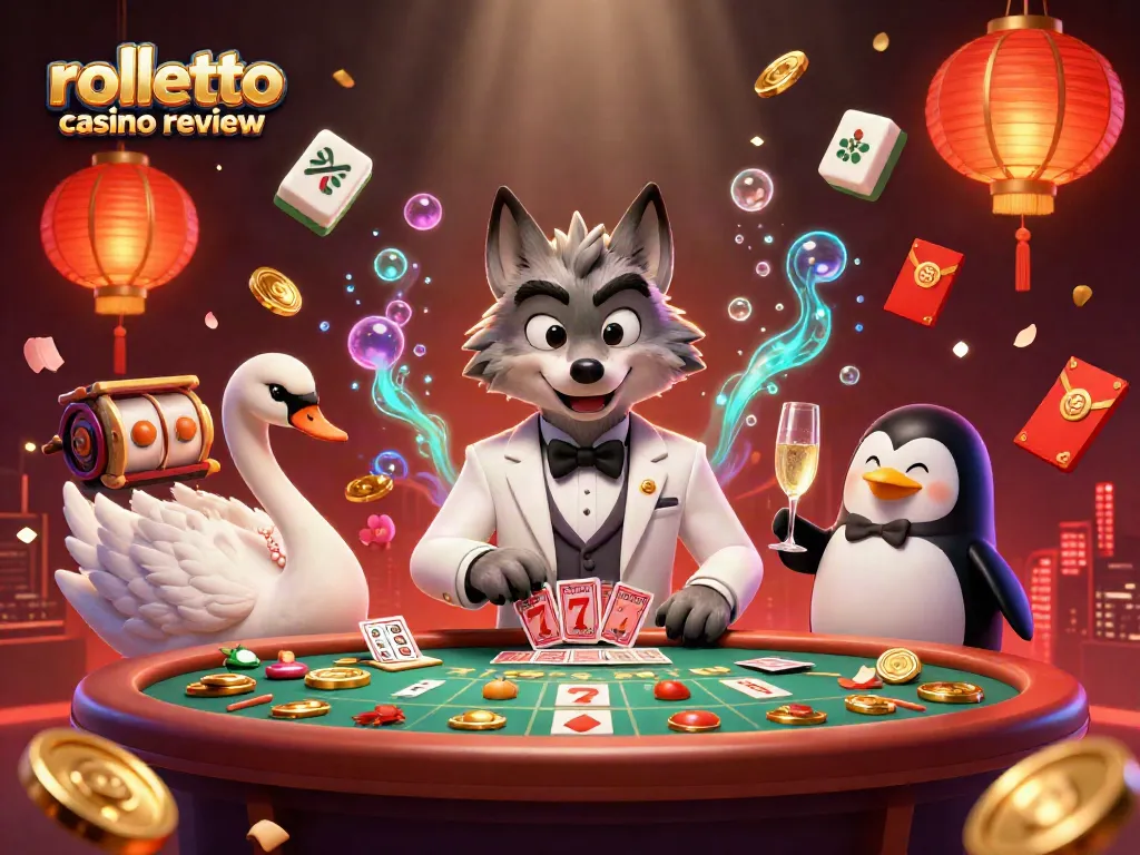 Delve into the rolletto casino review featuring a debonair wolf, elegant swan, and penguin sommelier amidst a lively casino scene.