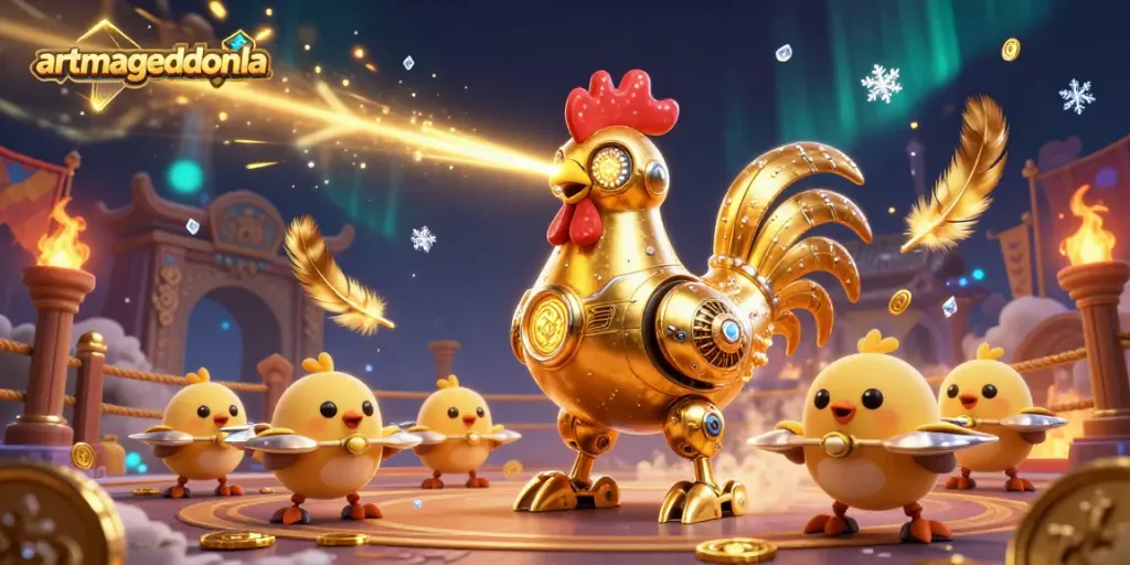 Engage with thrilling gaming scenes at artmageddonla featuring a futuristic rooster robot and baby chick drones.