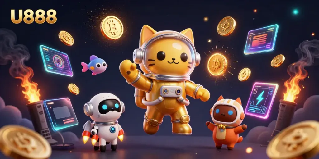 Experience the excitement of U888 with a vivid 3D illustration showcasing animated characters in a cosmic casino scene.