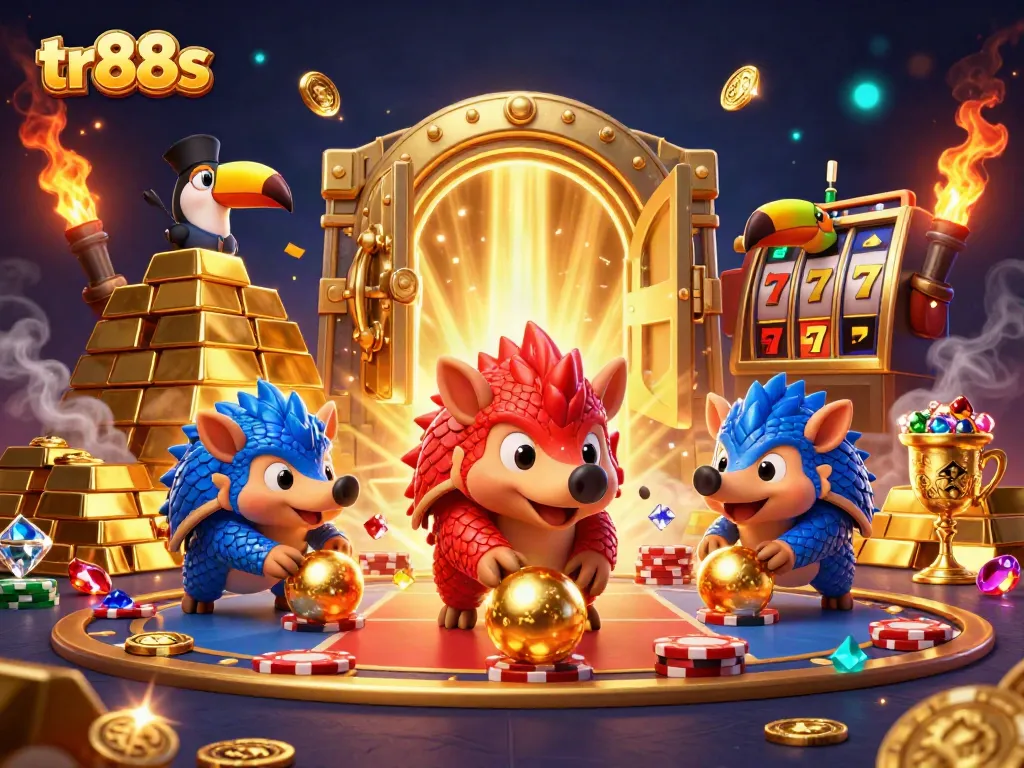 Experience thrilling jackpot gameplay with tr88s as cartoon pangolins play poker among golden treasures.