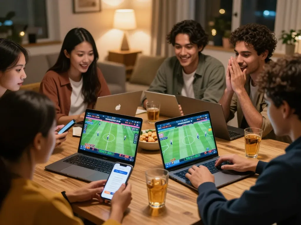 Friends engaging in sports betting on 7mcn using smartphones and laptops during World Cup 2026.