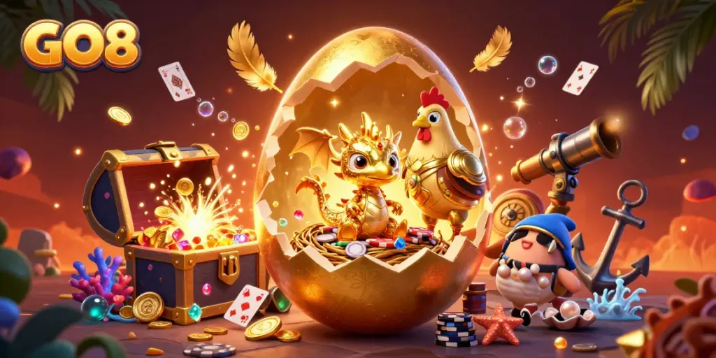 Engage with GO8's vibrant casino world through a golden dragon emerging from a treasure nest.