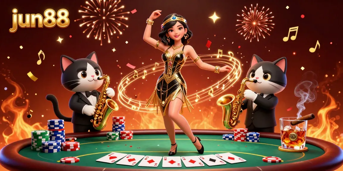 Experience the thrill of jun88 with an energetic scene of card game excitement amidst a lavish celebration.