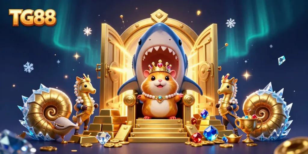 Experience exhilarating jackpots at TG88 with a golden hamster king overseeing thrilling games, rich treasures, and sparkling gems.