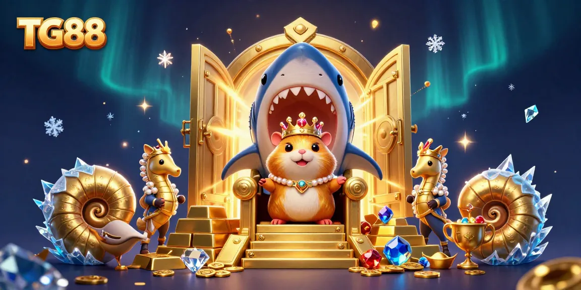 Experience exhilarating jackpots at TG88 with a golden hamster king overseeing thrilling games, rich treasures, and sparkling gems.