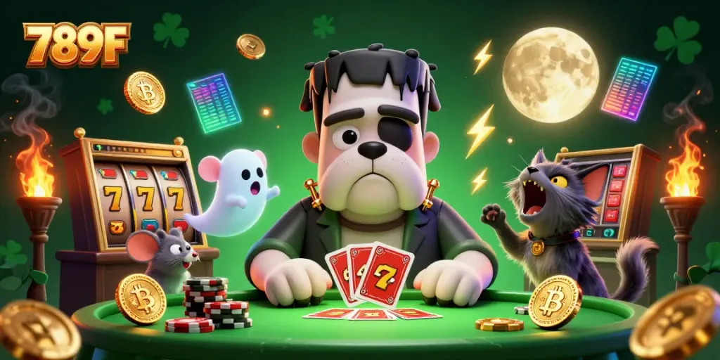 Experience thrilling gameplay at 789F, where a Frankenstein bulldog deals cards among casino elements.