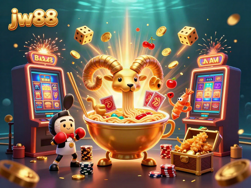 Engage in exciting gameplay with jw88, featuring an animated ramen bowl dealer and dynamic casino elements.