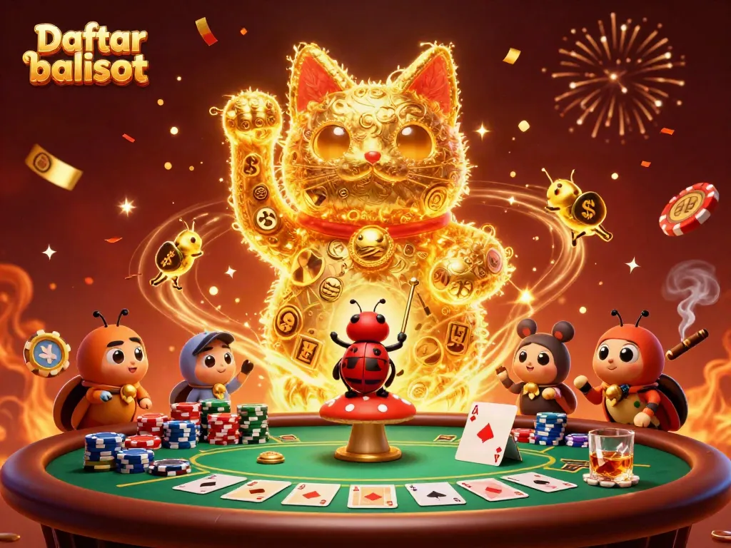 Experience thrilling gameplay with Daftar balisot, featuring a giant lucky cat and casino symbols.
