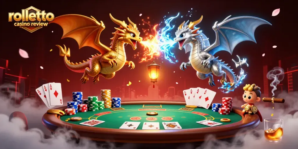 Engage with our rolletto casino review, featuring dynamic dragons and poker elements in an energetic gaming scene.