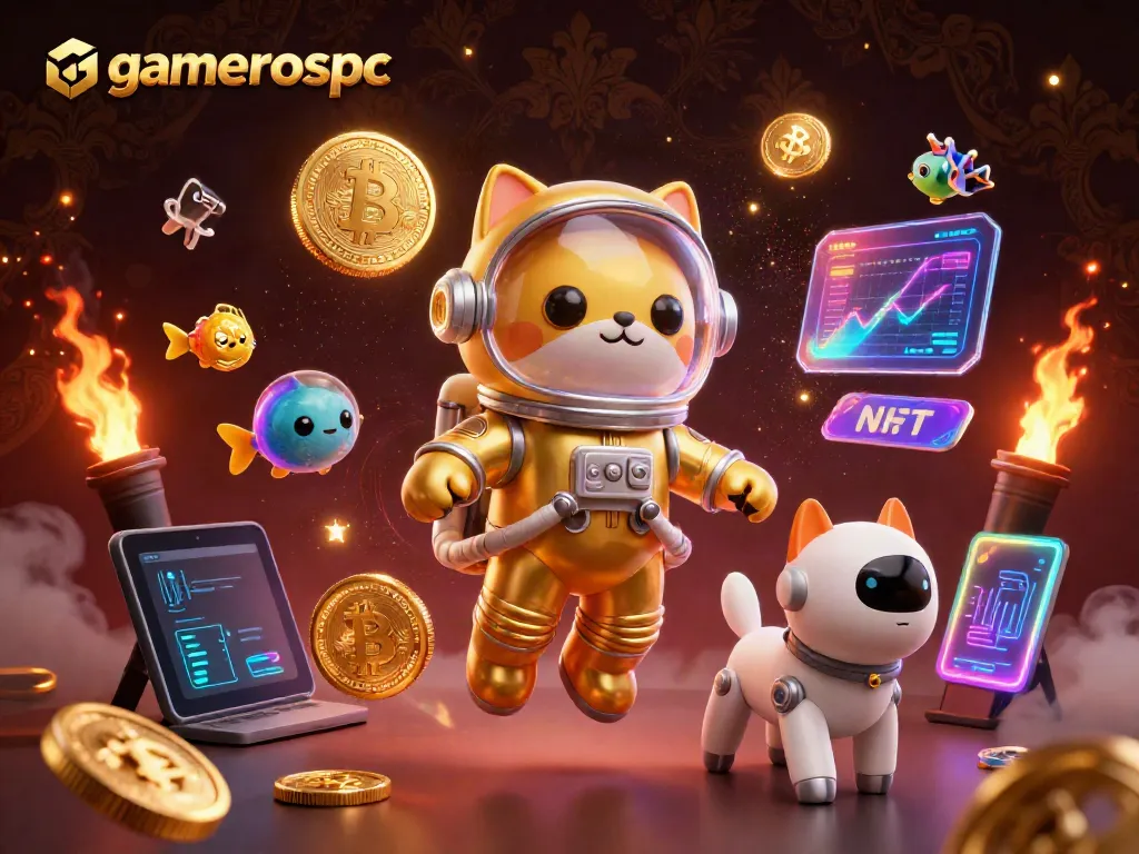 Experience exciting gaming with gamerospc through dynamic 3D illustrations of cryptocurrencies and casino elements.
