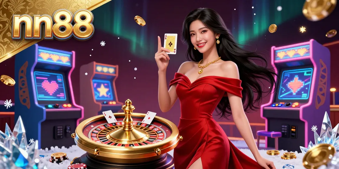 Engage in thrilling casino action with nn88, featuring a confident Asian woman and dynamic gaming elements.