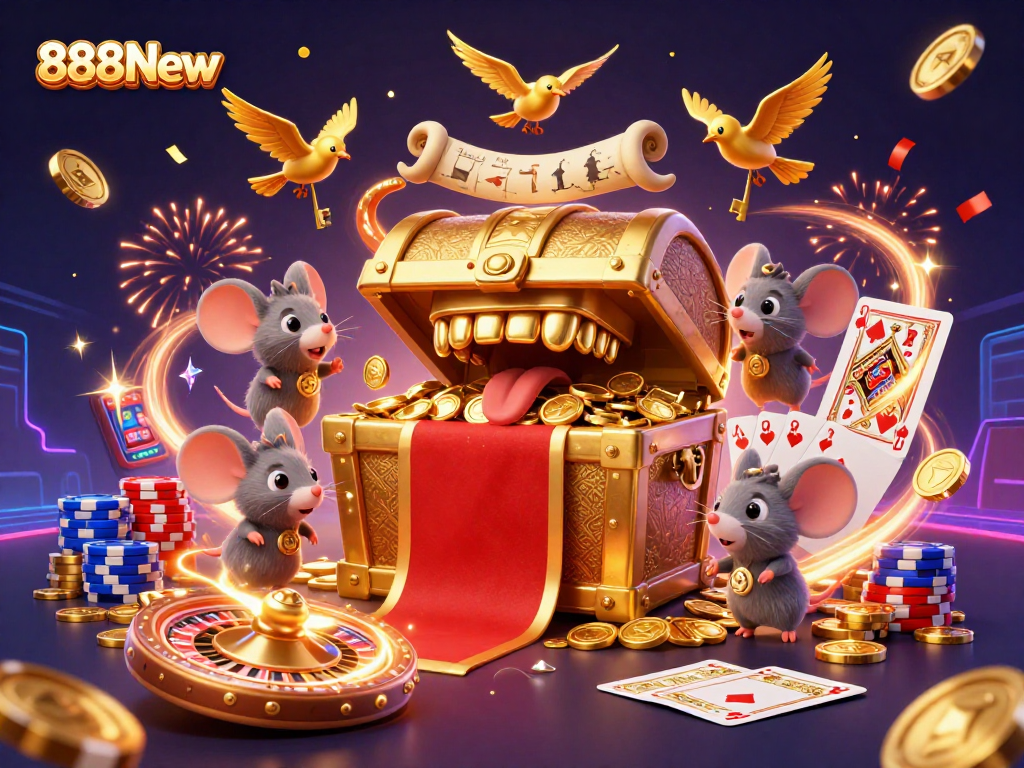 Experience the thrill of 888New with dynamic casino elements shining in a vibrant illustration.