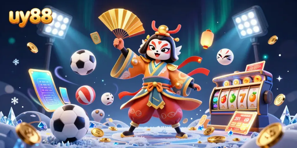 Experience exciting gambling at uy88 with dynamic 3D illustration of casino elements and characters.