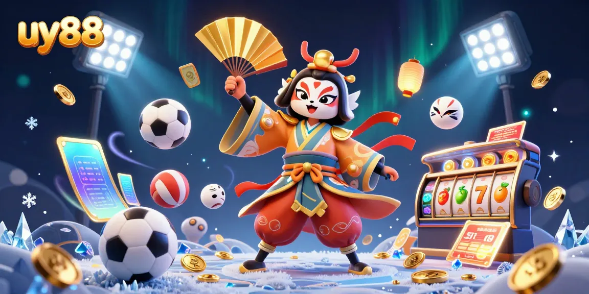 Experience exciting gambling at uy88 with dynamic 3D illustration of casino elements and characters.
