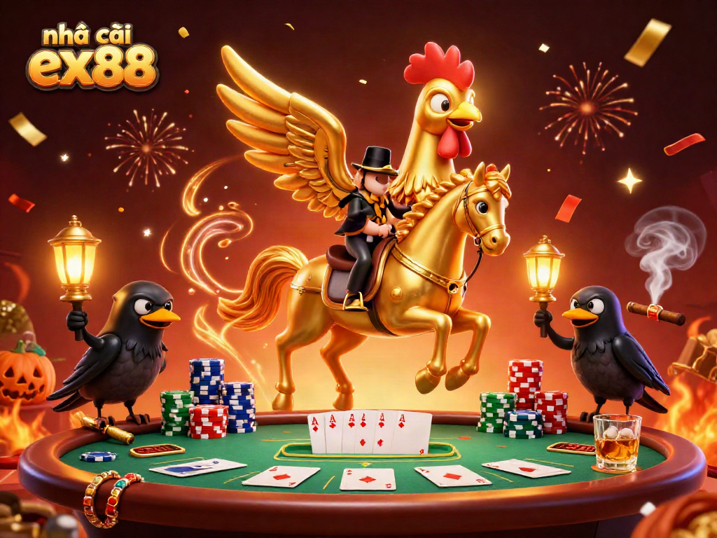 Engage with nhà cái ex88 featuring a dynamic 3D cartoon scene of a golden rooster and spectral horse.