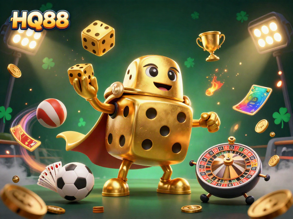 HQ88 offers thrilling gaming with a dynamic scene showcasing a golden dice golem and vibrant sports elements.