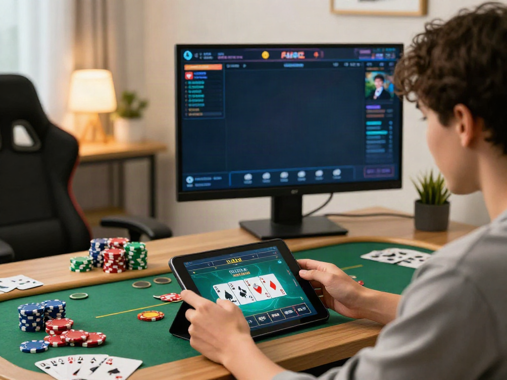 Player enjoying online gaming at https://c168slot2.com/ in a cozy home setup with vibrant gaming elements.