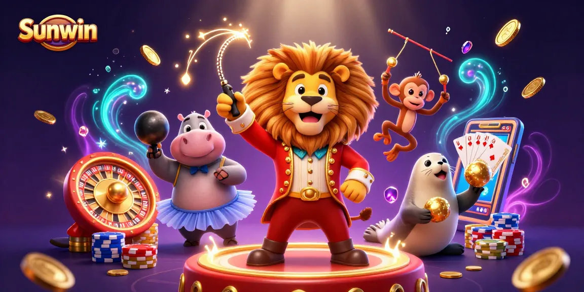 Experience the thrill of Sunwin with this vibrant casino-themed illustration featuring animated gambling elements.