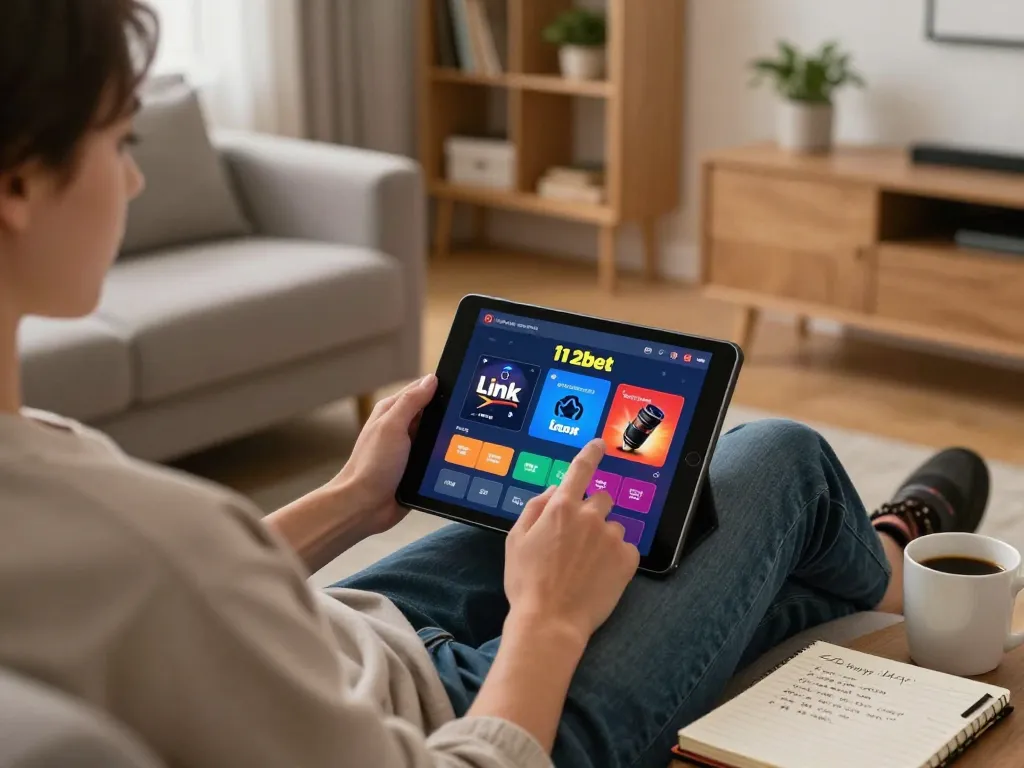 Người chơi tương tác với Link 12bet trên máy tính bảng trong một không gian ấm cúng tại nhà.