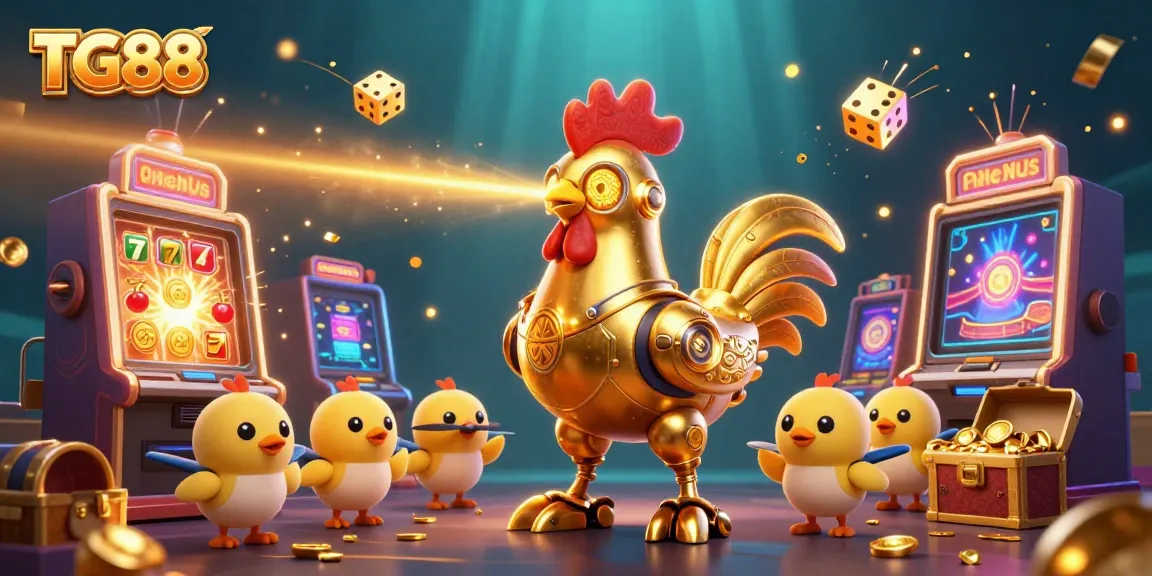 Engage with exciting gameplay at TG88 featuring a vibrant scene of a golden rooster robot and baby chick drones amidst a jackpot explosion.