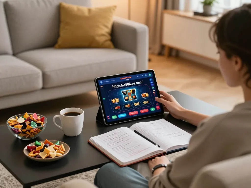 Engaged player using https://ee888.sa.com/ tablet for online casino poker, cozy atmosphere
