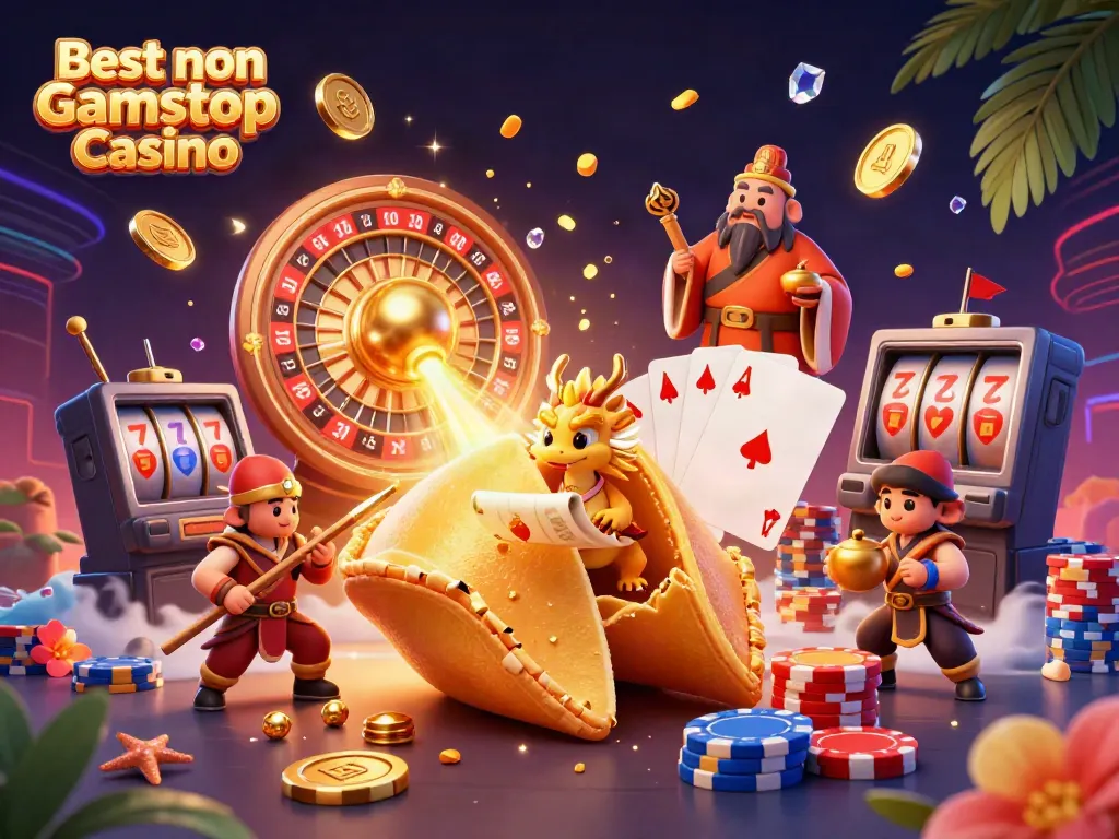 Explore the vibrant scene of the Best non Gamstop Casino with a fortune cookie, dragon, and casino elements.
