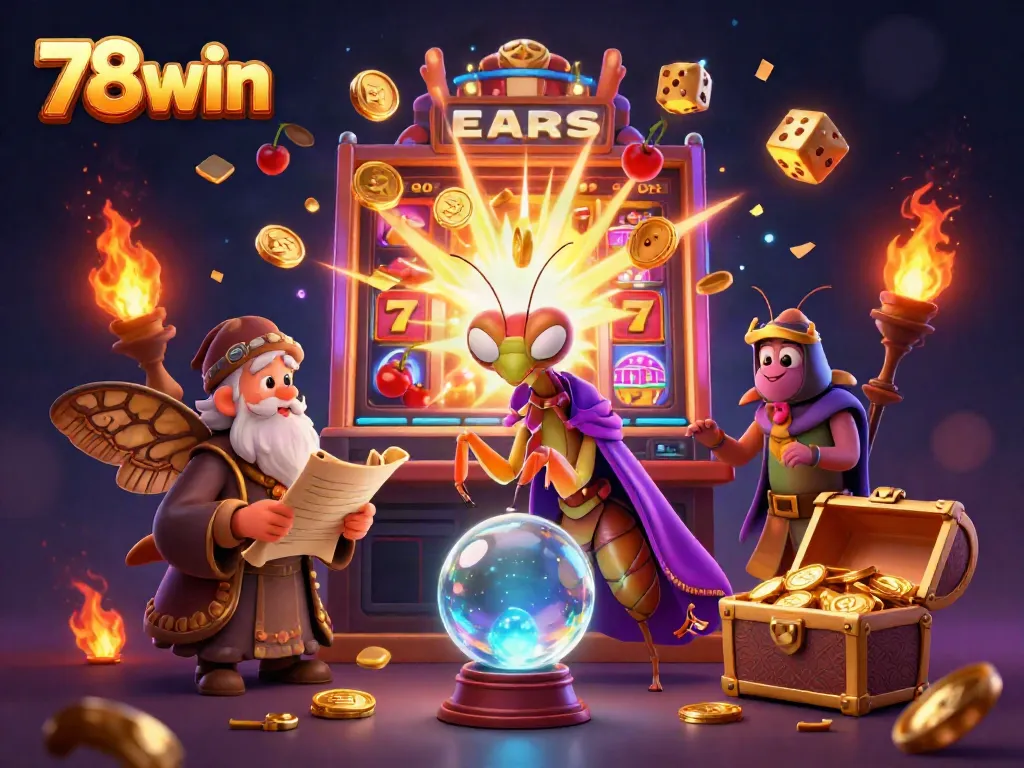 Experience the excitement with 78win's vibrant casino scene featuring dynamic slot jackpots, colorful gaming action, and enchanting characters.