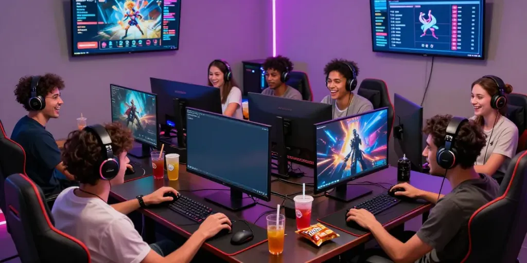 Friends engaged in f168 đăng nhập gaming session with modern setup and vibrant games.