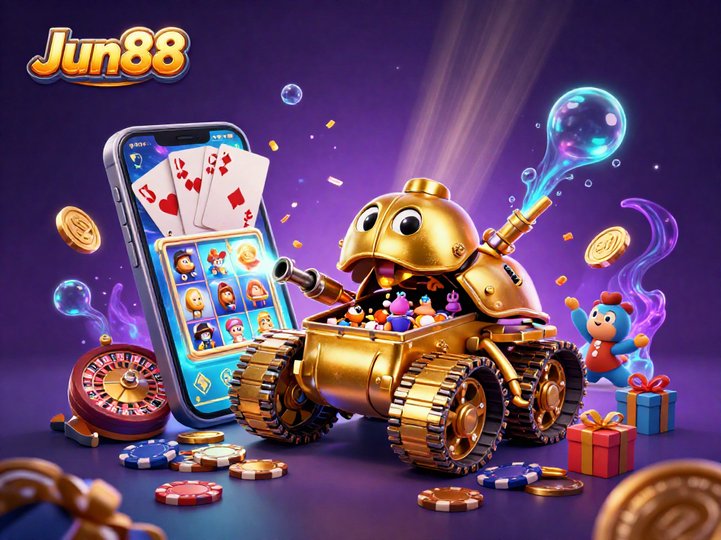 Experience Jun88 with a vibrant 3D casino scene packed with dynamic gaming elements and excitement.