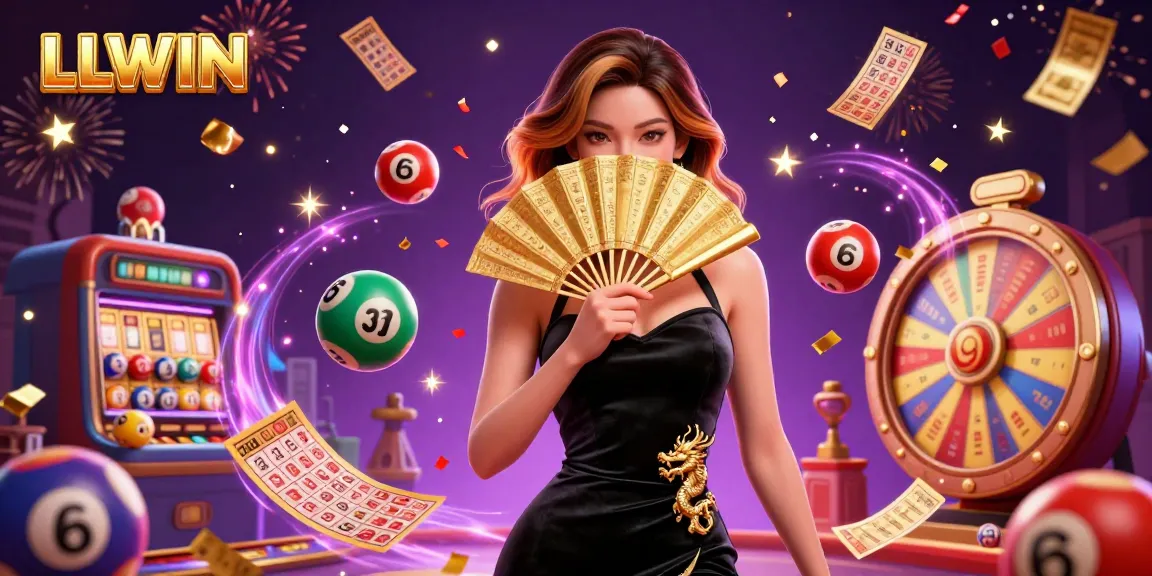 Win big with LLWIN's vibrant casino experience, featuring lottery balls, golden prizes, and a captivating atmosphere.