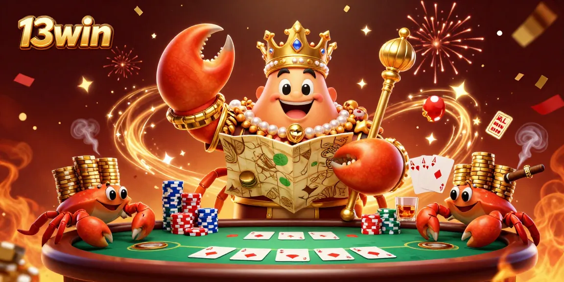 Experience thrilling gaming with 13win featuring a golden crab empress presiding over a dynamic poker scene.