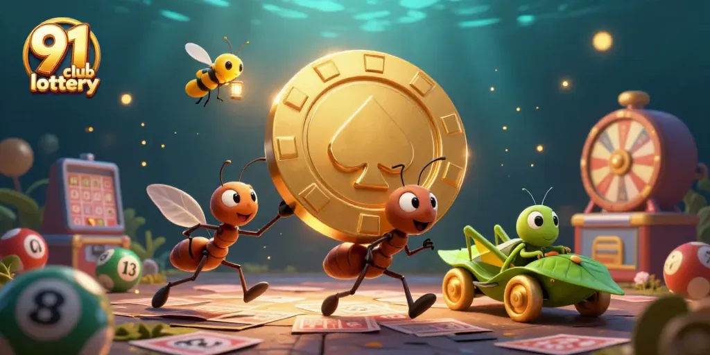 Join the excitement of 91 club lottery with animated ants and lottery elements in a vibrant scene.
