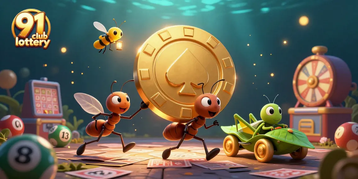 Join the excitement of 91 club lottery with animated ants and lottery elements in a vibrant scene.