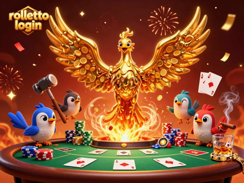 Experience the excitement of rolletto login with golden phoenix and poker elements dazzling in a vibrant casino scene.
