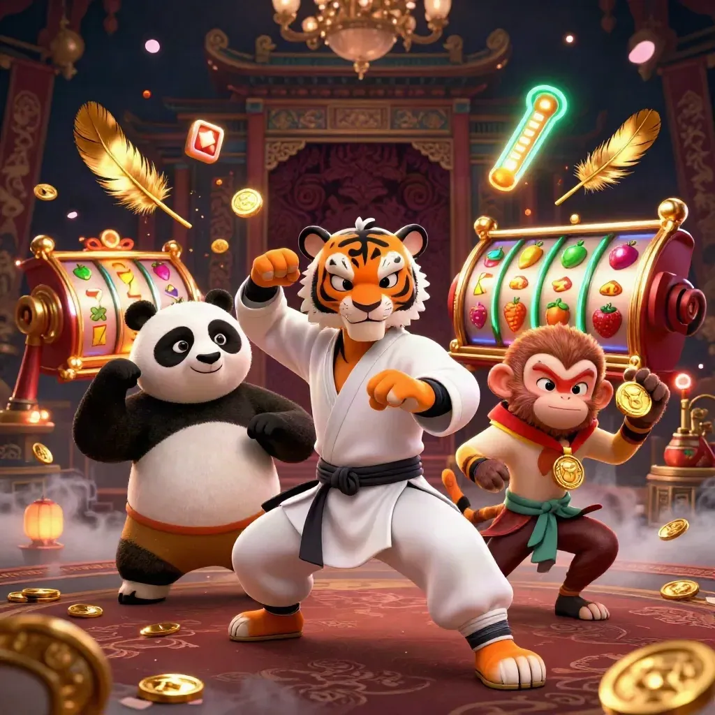 Tiger, panda, and monkey in a gold-lit casino adventure with reels, coins, and temple flair.
