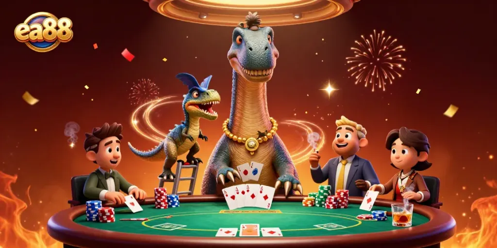 ea88 players enjoying a captivating casino scene with a towering animated dinosaur and dynamic poker elements.