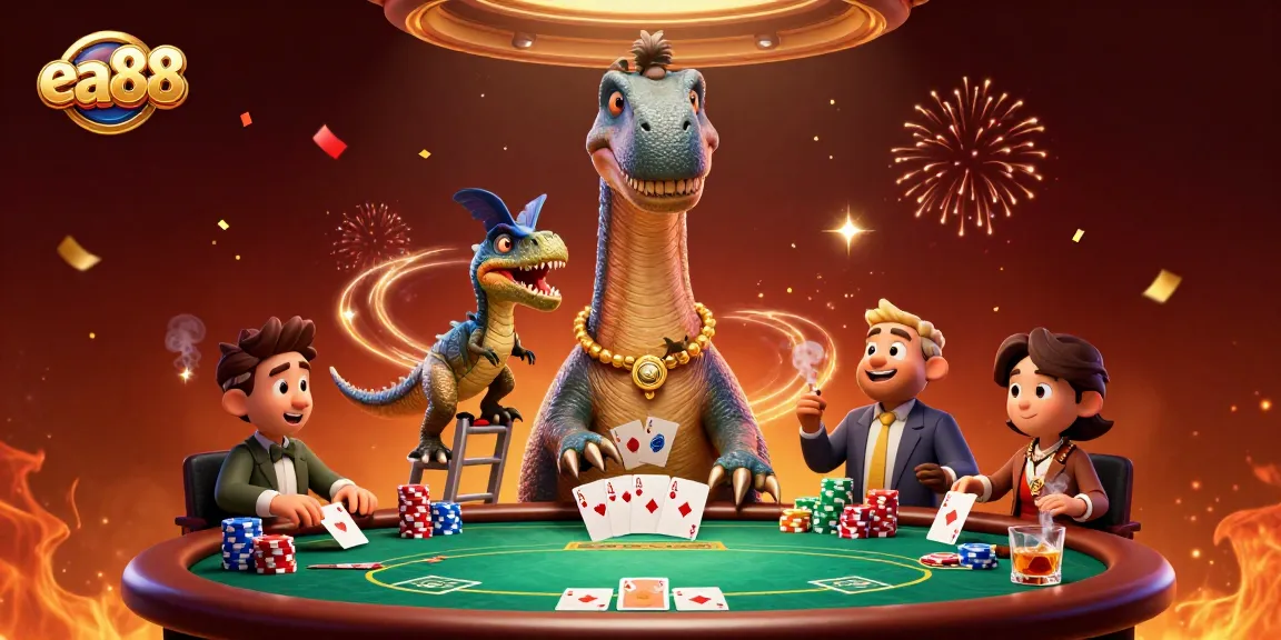 ea88 players enjoying a captivating casino scene with a towering animated dinosaur and dynamic poker elements.