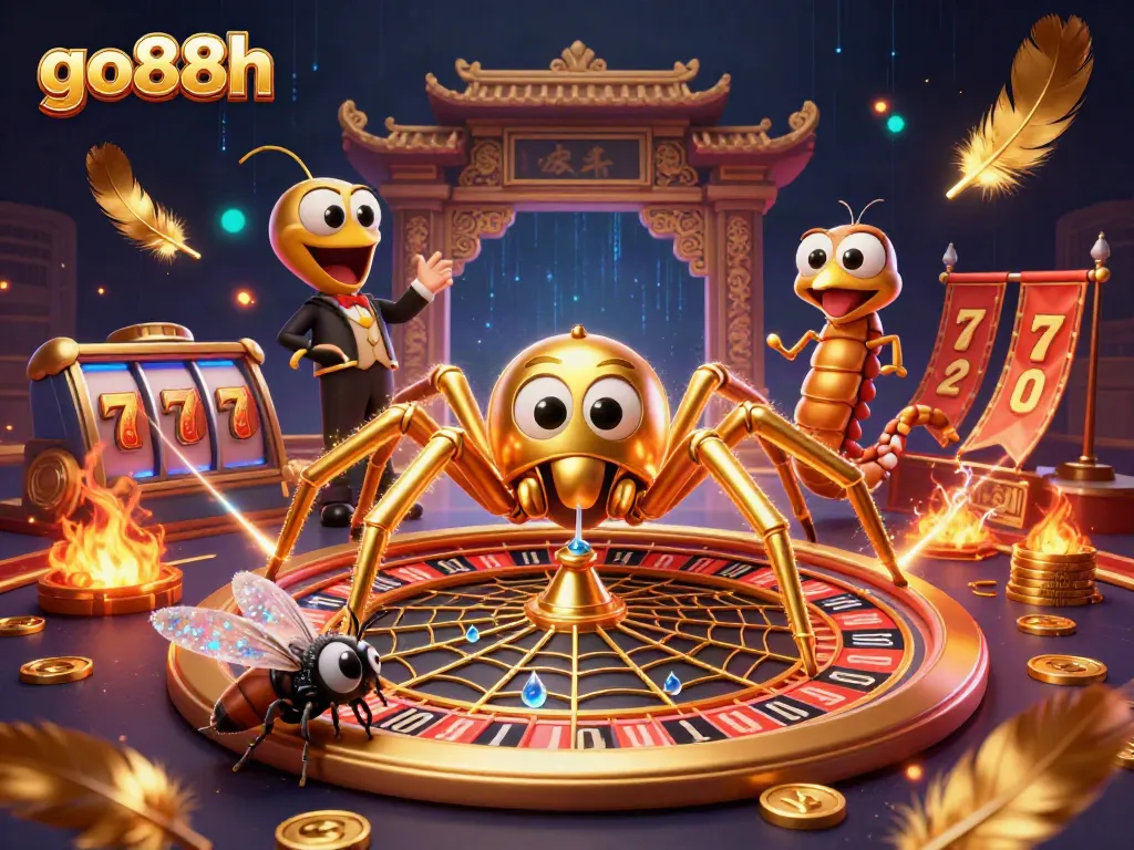 Engage in thrilling bets with go88h as a golden spider spins a roulette web in an enchanting casino scene.