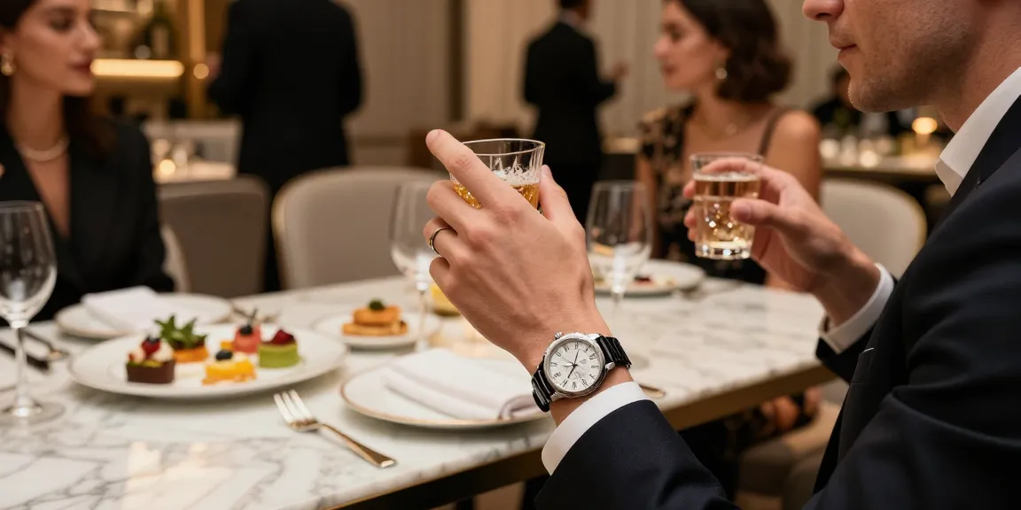 Elegant individual wearing replica watches at a luxurious cocktail event, showcasing sophisticated accessories and stylish decor.
