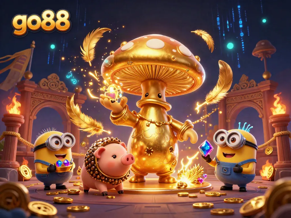 Experience the excitement of go88 with a vibrant illustration of a magic wizard and treasure-hunting pig amidst casino elements.