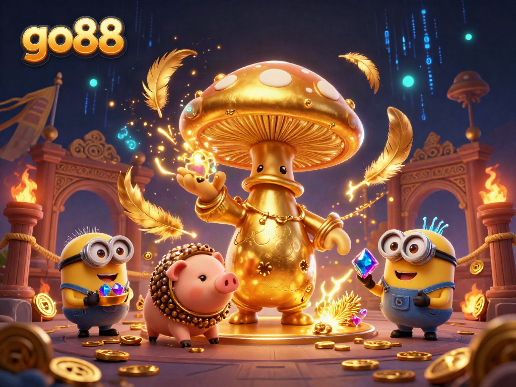 Experience the excitement of go88 with a vibrant illustration of a magic wizard and treasure-hunting pig amidst casino elements.
