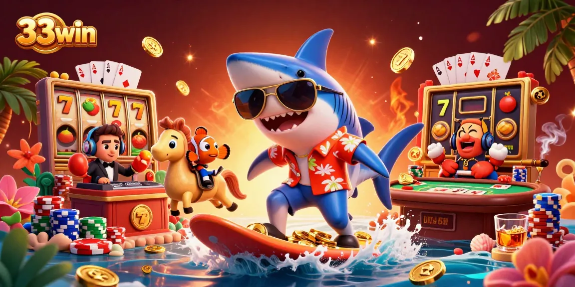 Experience the thrill of 33win with a shark riding gold coins in a casino-inspired illustration.