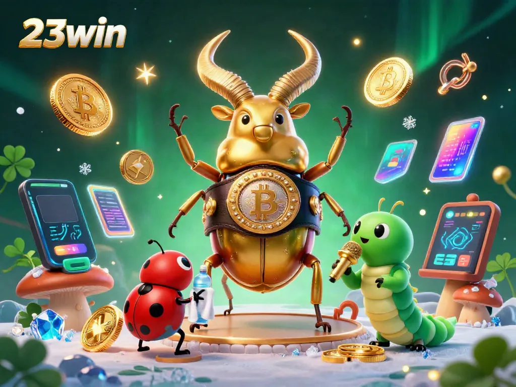 Experience the excitement of 23win with a 3D cartoon scene showcasing gambling elements and characters.