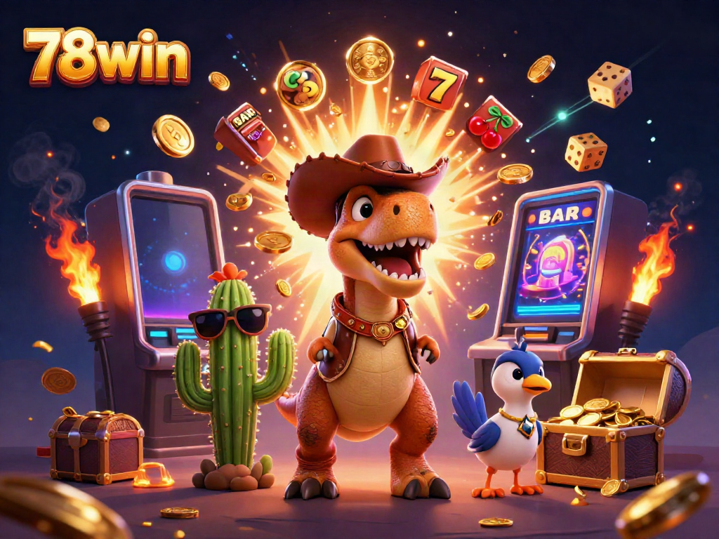 Engage with 78win's thrilling casino adventure featuring T-Rex and friends amidst exploding jackpots and colorful game elements.