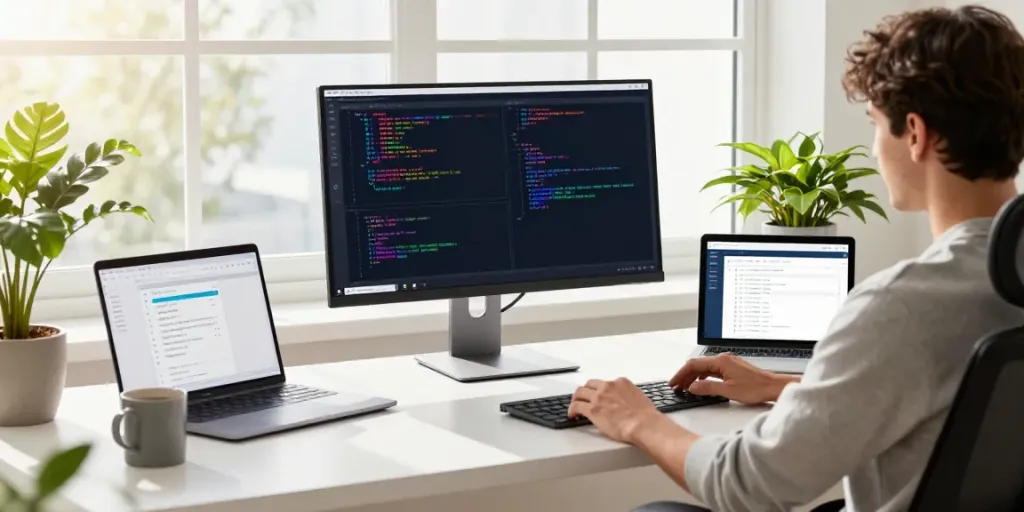 Web developer engaged in instant indexing task within a modern tech workspace, featuring dual monitors and coding tools.