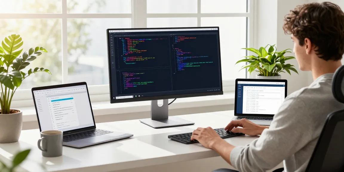 Web developer engaged in instant indexing task within a modern tech workspace, featuring dual monitors and coding tools.