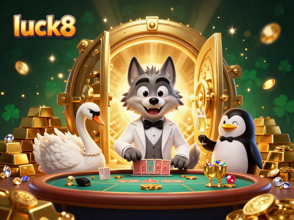 Engage in exciting gameplay at luck8 as a wolf, swan, and penguin immerse in an enchanting casino scene.