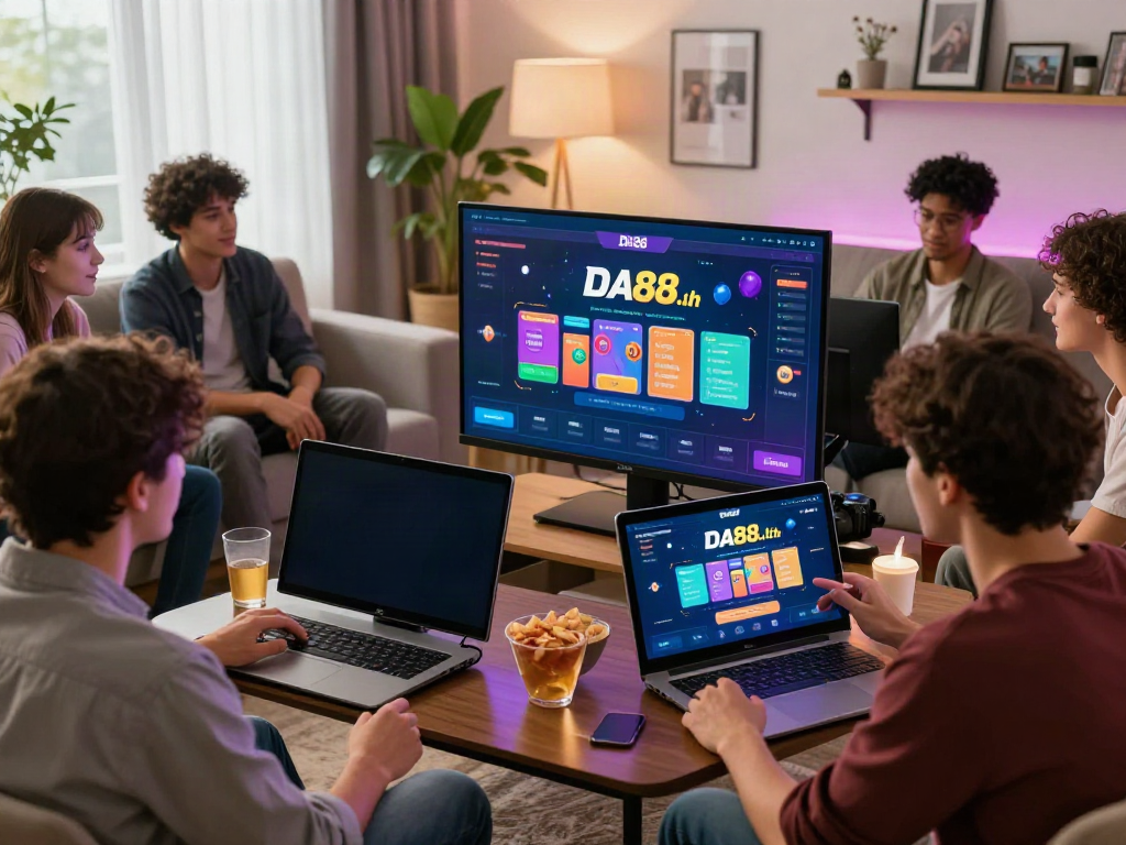 Group enjoying online gaming at home with DA88 platform from 1da88.it.com, lively atmosphere and engaging interactions.