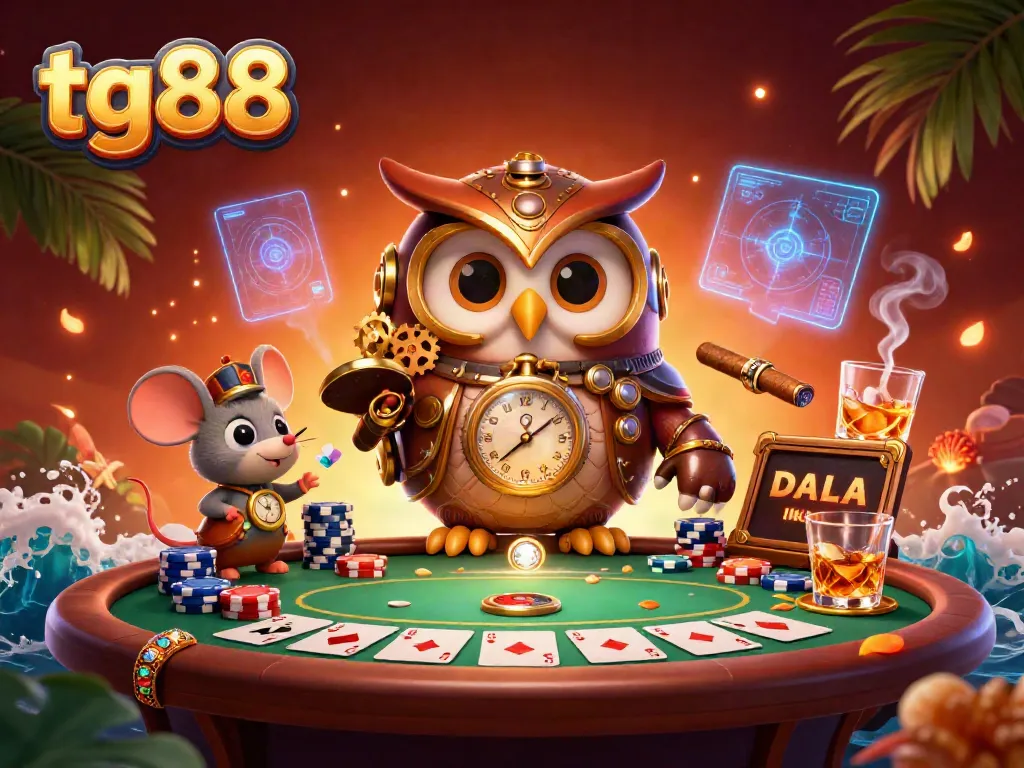 Experience thrilling poker gameplay with tg88 featuring an enchanted owl in a vibrant Victorian casino scene.